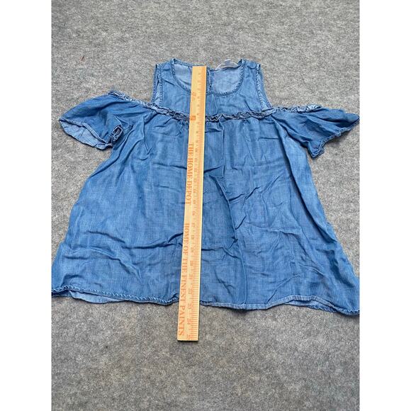 LC Lauren Conrad Chambray Cold Shoulder Ruffle Top Blue Medium Women’s - Picture 5 of 7